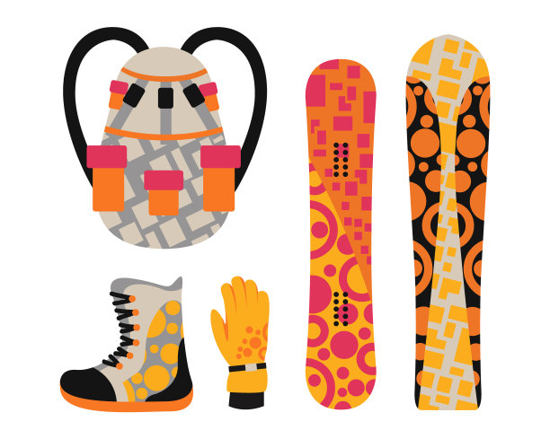 滑雪板运动服装和工具元素图片下载