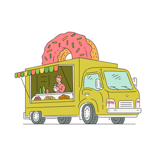 复古风格的素描甜甜圈货车图片下载