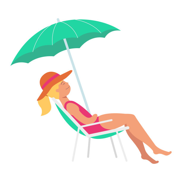 扁扁的女人躺在躺椅上，在太阳伞下图片下载