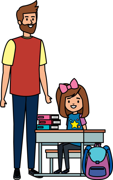 快乐的女学生和男老师在课桌上图片下载