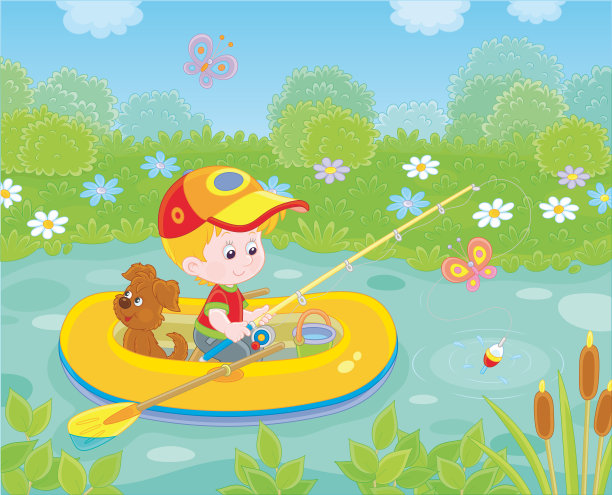 小男孩在他的充气船捕鱼图片下载