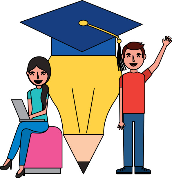 男人和女人带着手提电脑铅笔毕业帽图片下载