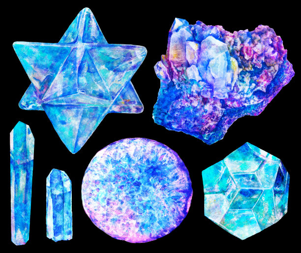 水彩晶体，矿物，石头，大理石孤立的黑色背景。可打印海报。生动明亮的物体插图。自然逼真的纹理。图片下载