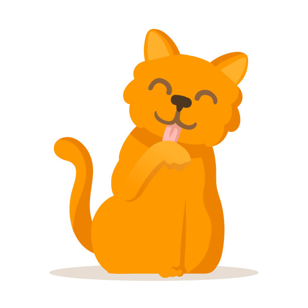 可爱的红猫舔着爪子，卡通人物。平面矢量插图，孤立在白色背景上。素材图片