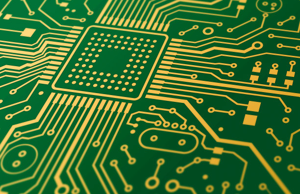 电脑硬件。插图绿色电路板与金色线，特写图片下载