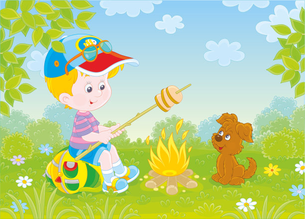 童子军在篝火上烤面包图片下载