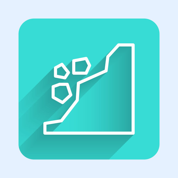 白色线滑坡图标孤立与长阴影。石头从岩石上掉下来。巨石从山上滚下来。落石。绿色广场按钮。矢量图图片下载