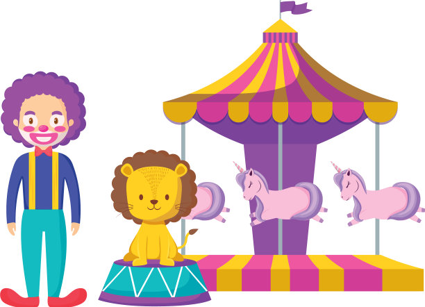 可爱的马戏团狮子在舞台上与小丑图片下载