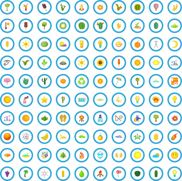 100个太阳能图标设置卡通风格图片下载