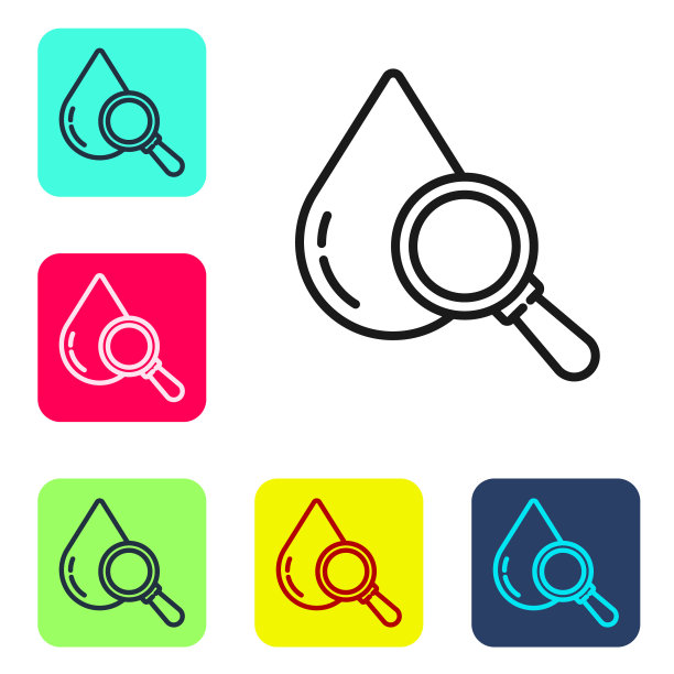 黑线下降和放大镜图标孤立在白色背景。设置图标的颜色方形按钮。矢量图图片下载