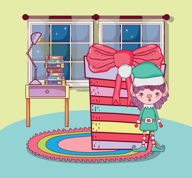 可爱的圣诞老人在家里带着礼物图片下载