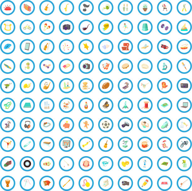 100个兴趣图标设置卡通风格图片下载