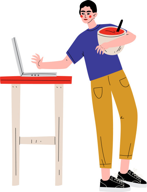 年轻人在厨房用笔记本电脑做饭图片下载