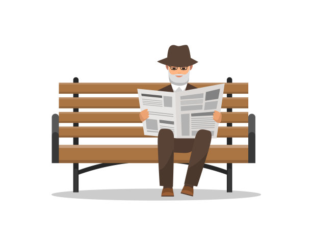 老人独自坐在长凳上看报纸图片下载