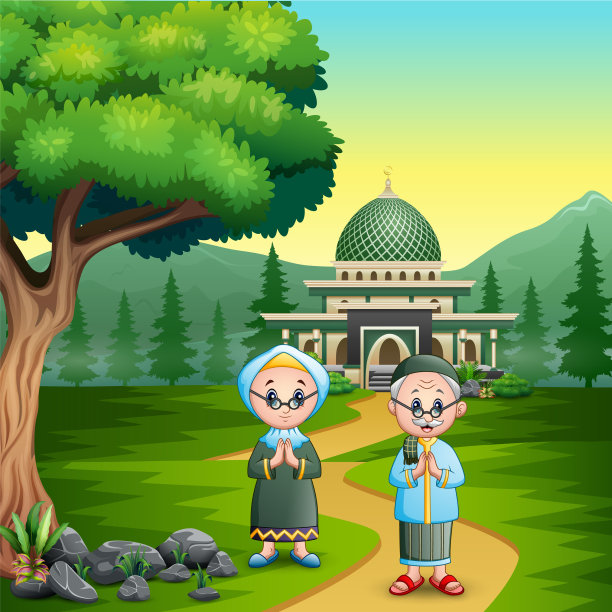 快乐的夫妇老穆斯林欢迎开斋节穆巴拉克图片下载