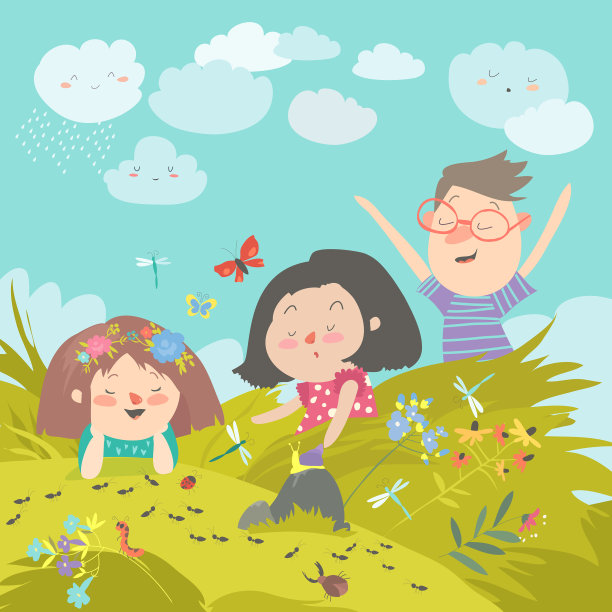 卡通儿童在草地上看昆虫图片下载