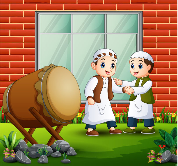 穆斯林男子握手庆祝开斋节图片下载