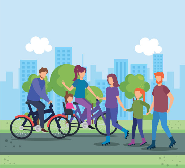 父母和女儿在公园骑自行车图片下载