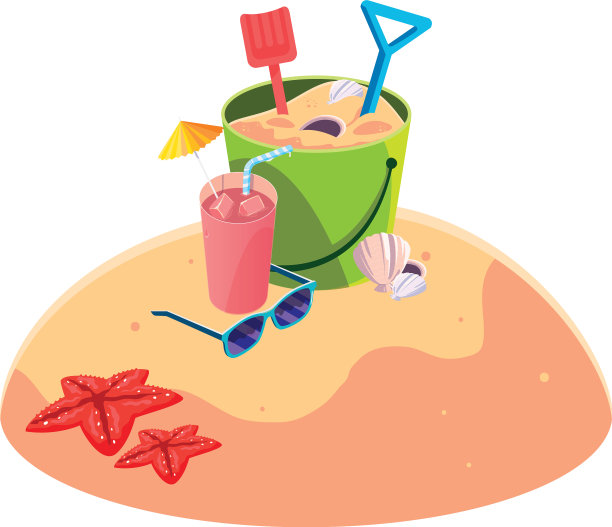 夏日沙滩上有沙桶玩具的场景图片下载