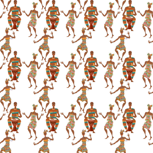 非洲的祭祀之舞。男人打传统的鼓，女人跳舞。无缝的背景图案。矢量图图片下载