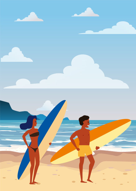 一对在海滩上冲浪的男女图片下载