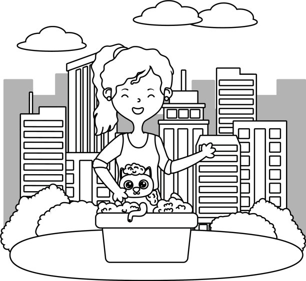 女孩与猫卡通设计图片下载