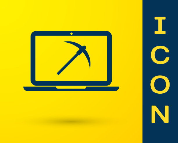 蓝色采矿概念与笔记本电脑和十字镐图标图片下载