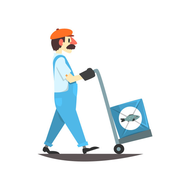 工人用手推车搬运装着鱼罐头的箱子图片下载