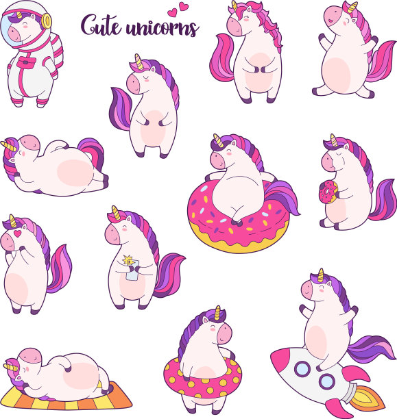 一套有趣的卡通魔法独角兽徽章图片下载