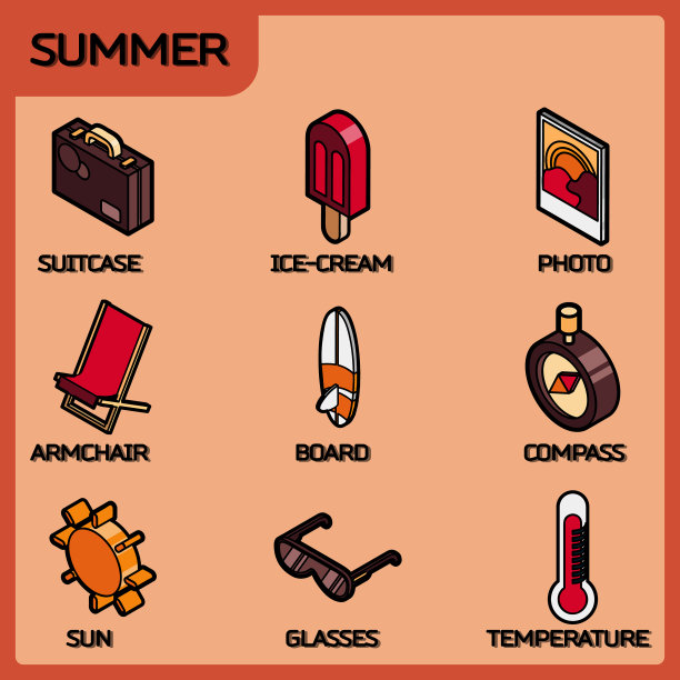 夏季颜色轮廓等距图标图片下载