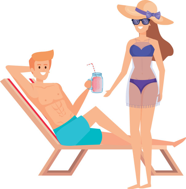 年轻夫妇在沙滩椅上放松喝酒图片下载