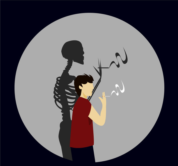 男人在抽烟，但墙上的影子是骷髅图片下载