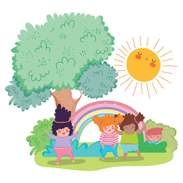 女孩们与彩虹玩耍，大树与阳光嬉戏图片下载