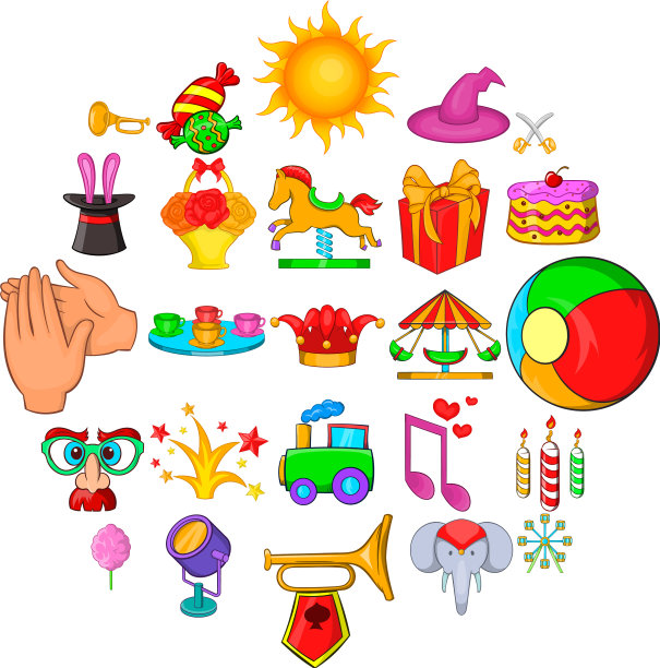 旅行马戏团图标设置卡通风格图片下载