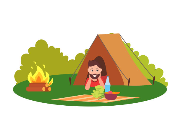 露营地的帐篷和男人微笑着坐在里面图片下载