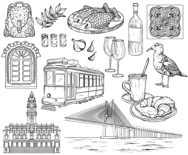 葡萄牙地标和图像素描图片下载