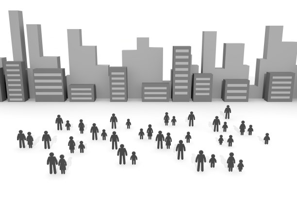 很多人。城市风景。人们聚集。三维渲染图片下载