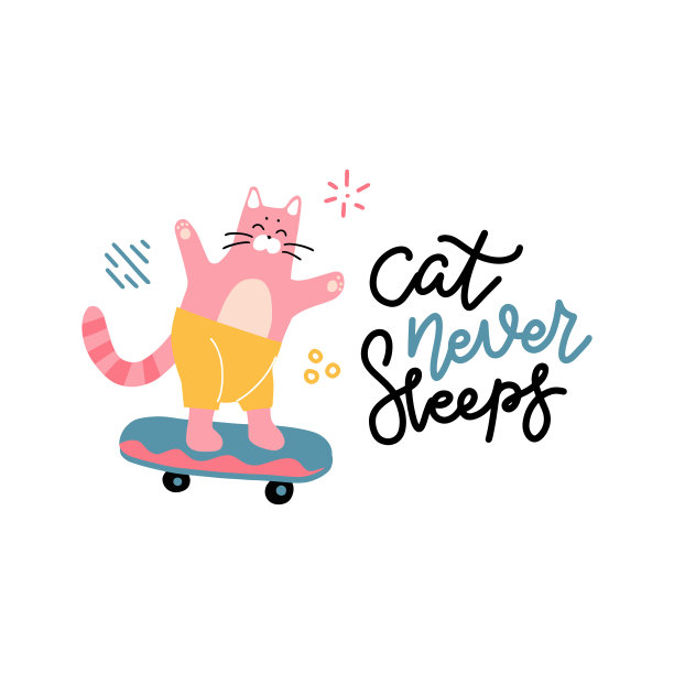 猫从不睡觉字母标语印刷与滑板幼稚的猫的性格在滑板上。用于t恤或其他用途。平面手绘矢量插图图片下载