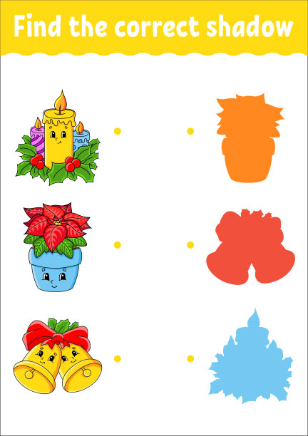 找到正确的阴影。圣诞节的主题。教育发展工作表。儿童配对游戏。颜色活动页面。对儿童拼图。可爱的性格。矢量插图。卡通风格。图片下载