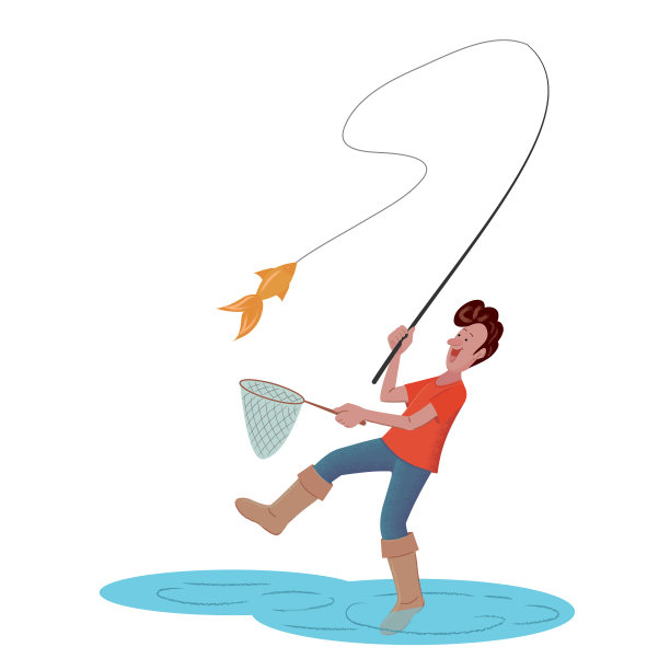 快乐的渔夫钓到了一条鱼素材图片