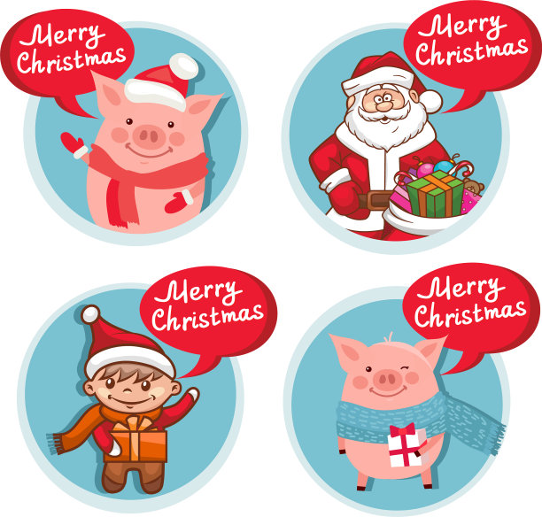 圣诞快乐，扁平图标设置与有趣的猪图片下载