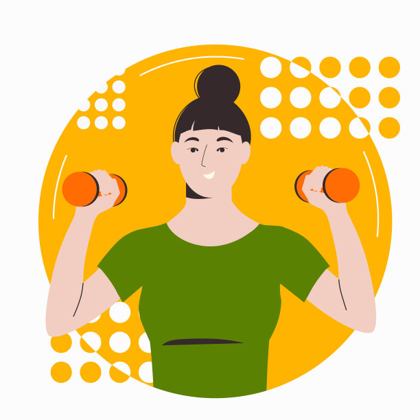 一个深色头发的亚洲女孩在运动中手里拿着哑铃。在线健身。运动在家里。在家练习。在白色背景上孤立的平面插图。图片下载