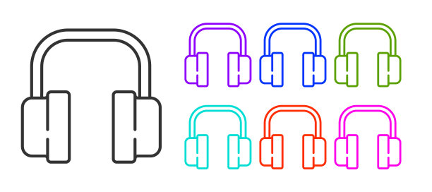 黑线耳机图标隔离在白色背景。支持客服，热线，呼叫中心，faq，维护。设置图标丰富多彩。矢量图图片下载