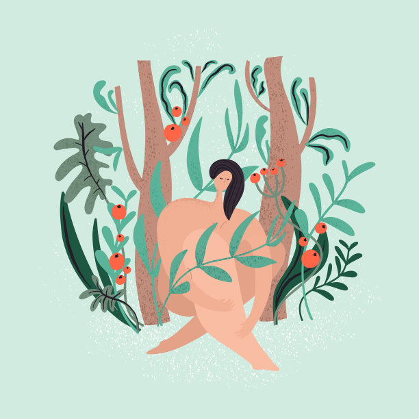 女人坐在绿色植物周围。裸露的身体图片下载