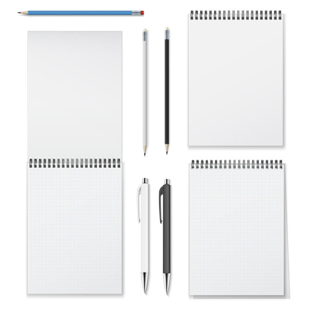 现实的向量集垂直螺旋笔记本打开关闭和书写工具，如铅笔和钢笔。图片下载