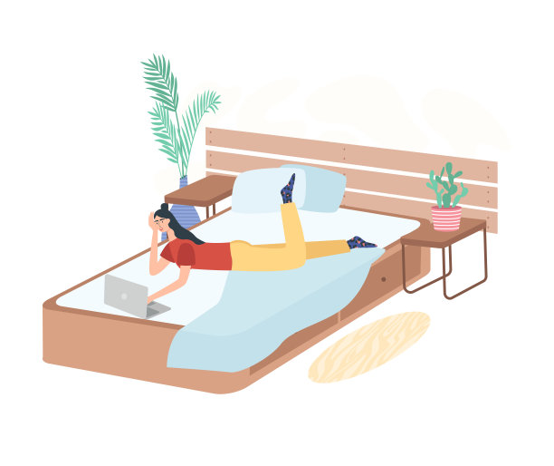 女人躺在床上用笔记本电脑在家工作。自由职业和便捷职场矢量概念。卧室内。远程工作，在线学习，教育。图片下载