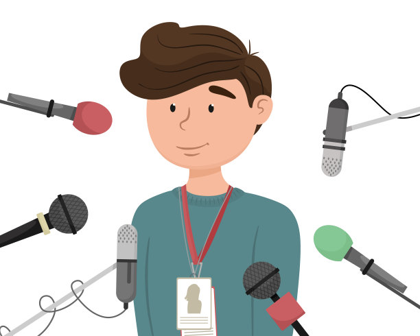 一个年轻人接受采访。一个男人被麦克风，新闻，报道包围着。矢量插图在卡通平面风格。图片下载