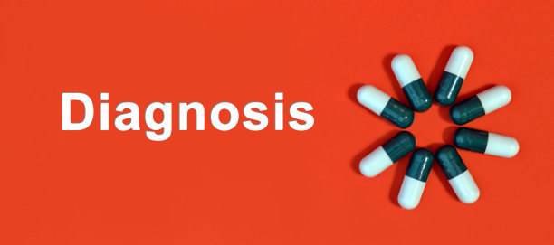 诊断-红色背景上的白色文字和药丸胶囊图片下载