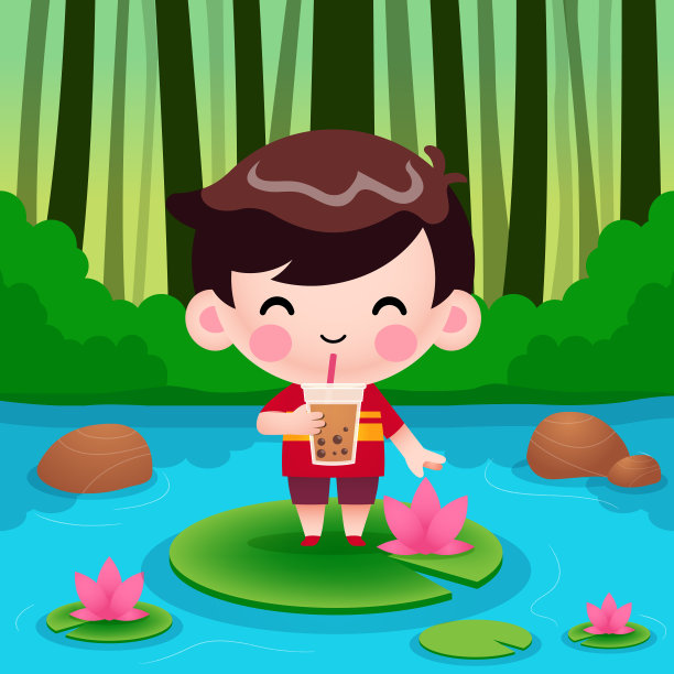 卡通可爱的小男孩站在荷花上，喝珍珠茶或珍珠茶图片下载