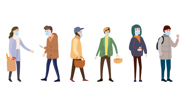 剧中人物戴着医用口罩保护自己免受COVID-19冠状病毒的传播和工业烟雾粉尘的有毒空气污染。矢量插图孤立图片下载